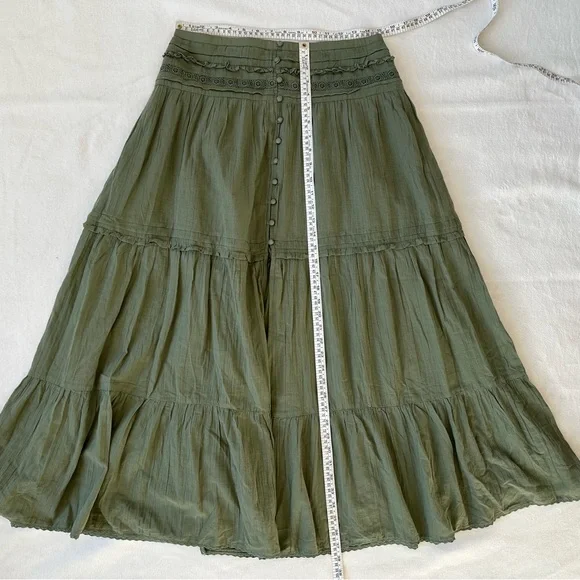 Aerie NWT Green Cotton Gauzy Tiered Skirt Smocked Waist Long Front Slit, size L - Picture 10 of 16